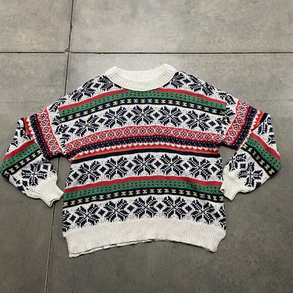 Aerie Sweater Womens Small White Navy Fair Isle Snowflake Crewneck Pullover - Picture 1 of 4